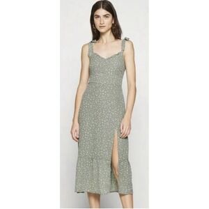 Abercrombie & Fitch Tie Strap Midi Dress Small Green Polka Dot Ruffles Side Slit